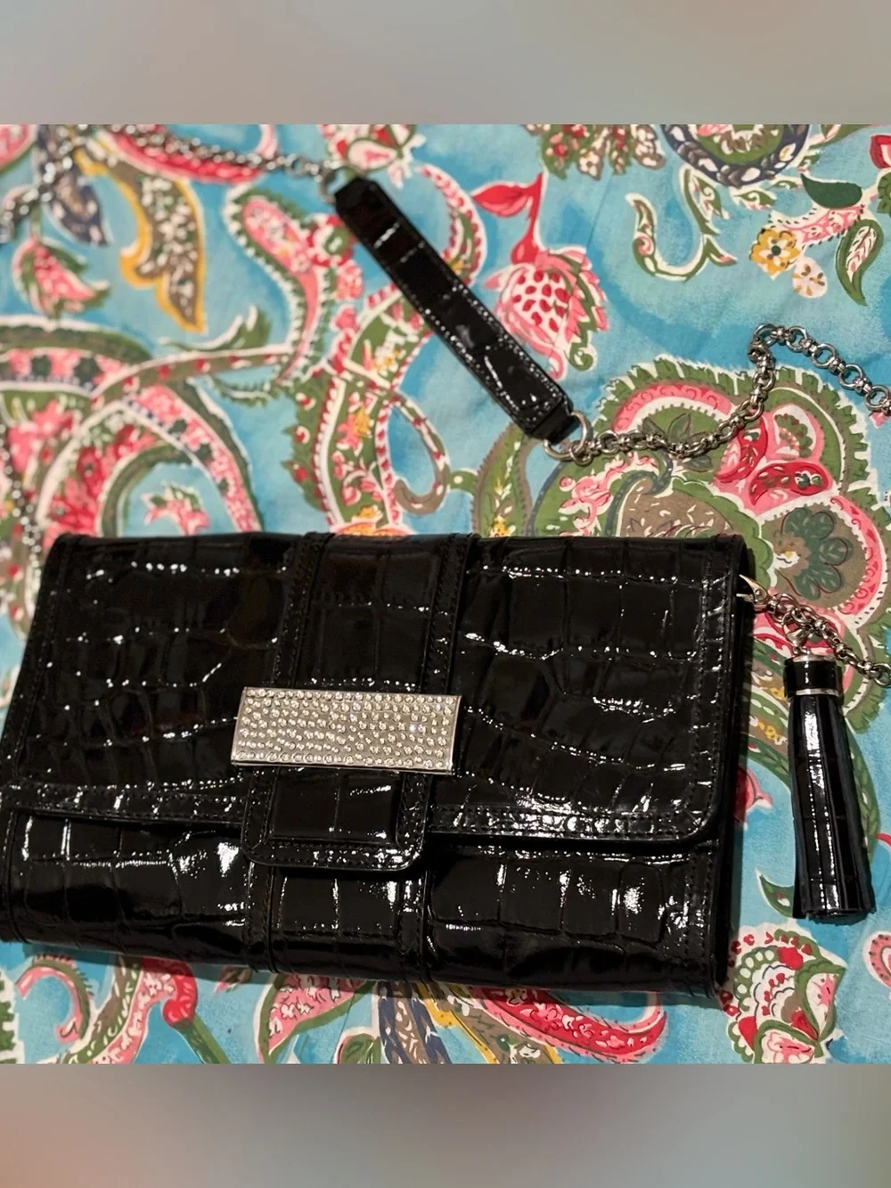 KELLY RUTHERFORD black patent RHINESTONE clutch SHOULDER BAG